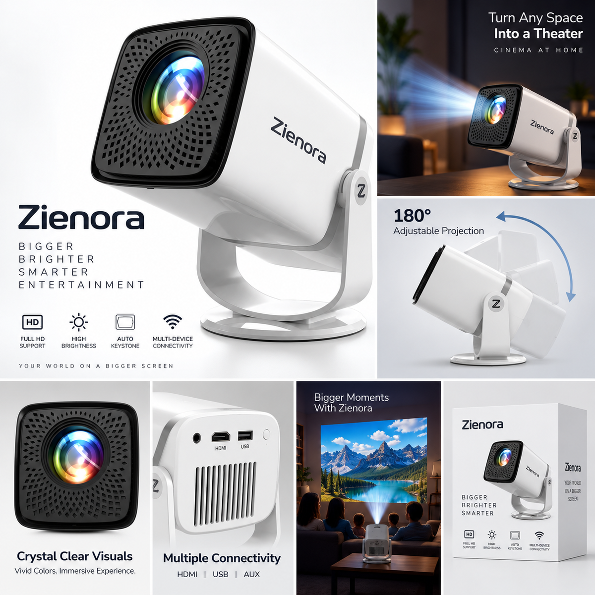 Zienora Horizon  Smart Projector with 1080p Auto Focusing Multi Functional Short Throw Projection Capabilities